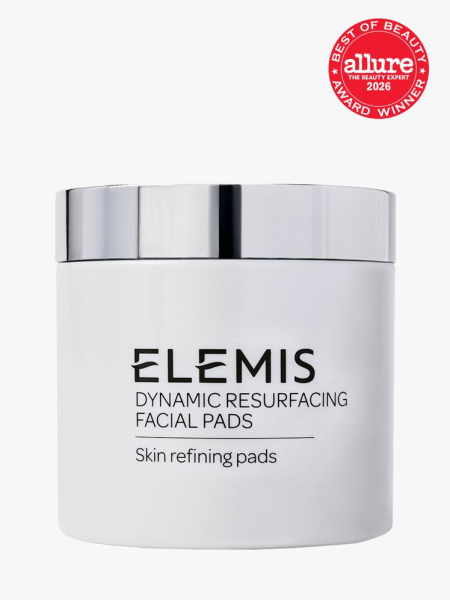 Elemis Dynamic Resurfacing Facial Pads in branded tub component on a light gray background with the 2026 best of beauty seal in the top right corner